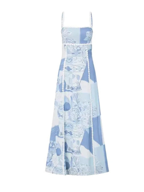 New Ric Rac Trims Unique Print Back Tie Back Slip Flared Maxi Dress CODE: KAR3162