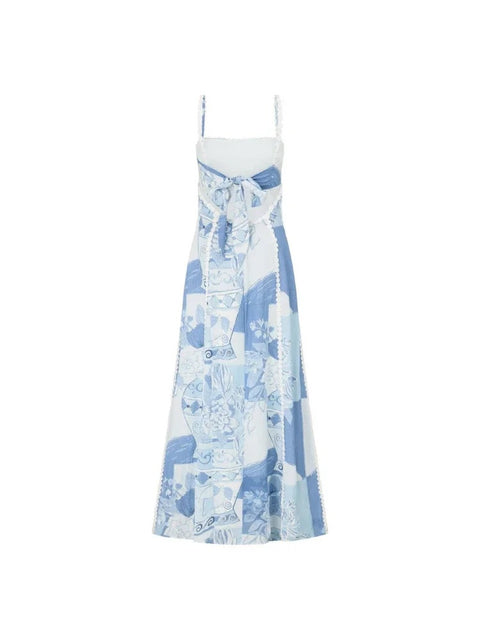 New Ric Rac Trims Unique Print Back Tie Back Slip Flared Maxi Dress CODE: KAR3162
