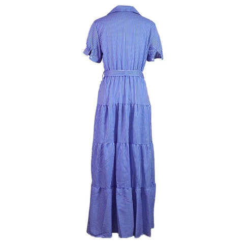 New Striped Short Sleeve Turn-down Collar Single Breasted Bandage Sashes A-line Maxi Dress CODE: KAR3163