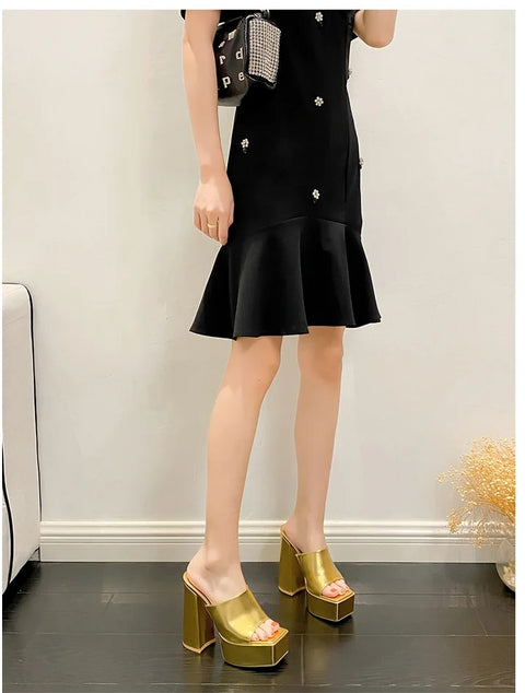 Sexy Open Toe One Broadband Slip-On Thick High Heel Sandals CODE: KAR3164