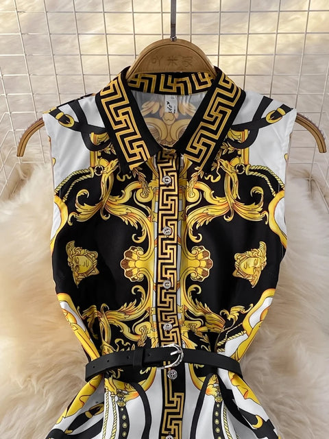 New Elegant Print Button A-Line With Belt Retro POLO Collar Slim Sleeveless Dress CODE: KAR3170