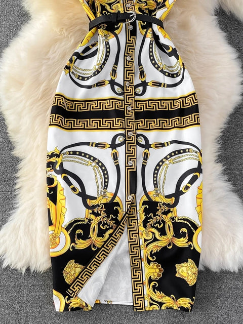 New Elegant Print Button A-Line With Belt Retro POLO Collar Slim Sleeveless Dress CODE: KAR3170