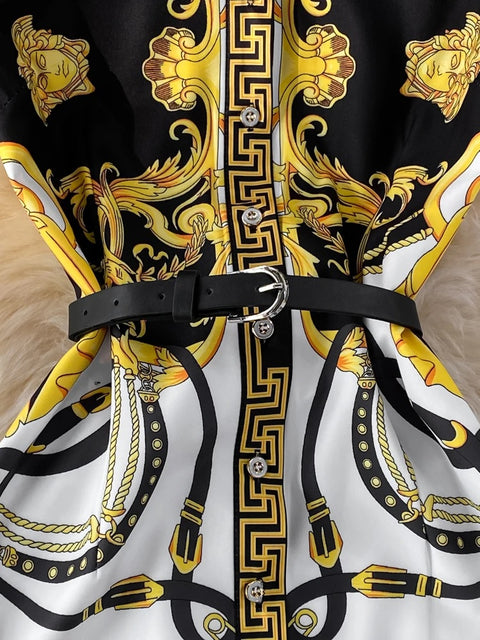 New Elegant Print Button A-Line With Belt Retro POLO Collar Slim Sleeveless Dress CODE: KAR3170