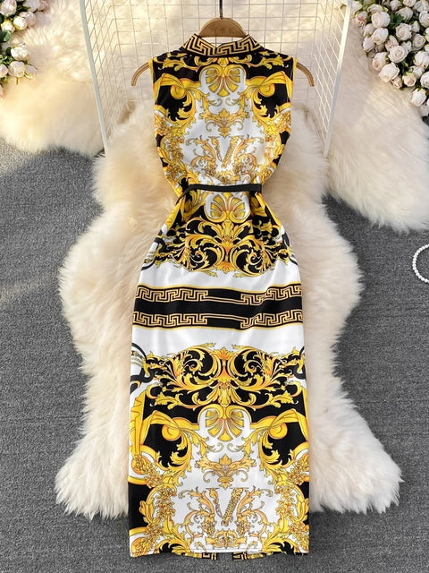 New Elegant Print Button A-Line With Belt Retro POLO Collar Slim Sleeveless Dress CODE: KAR3170