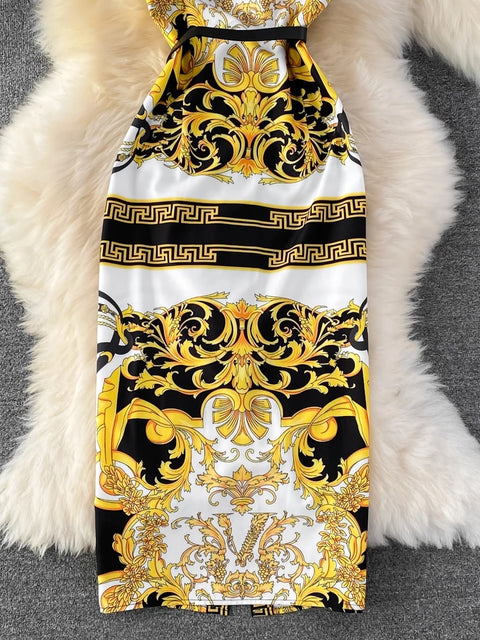 New Elegant Print Button A-Line With Belt Retro POLO Collar Slim Sleeveless Dress CODE: KAR3170
