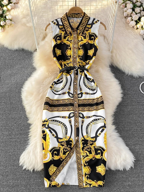 New Elegant Print Button A-Line With Belt Retro POLO Collar Slim Sleeveless Dress CODE: KAR3170