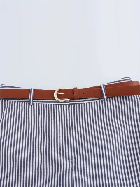 Summer Casual High Waist Belt Zipper Elegant Striped Short Skirt CODE: KAR3171