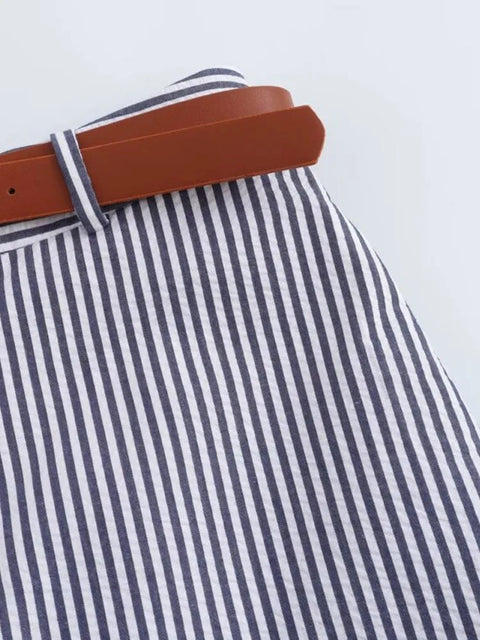 Summer Casual High Waist Belt Zipper Elegant Striped Short Skirt CODE: KAR3171