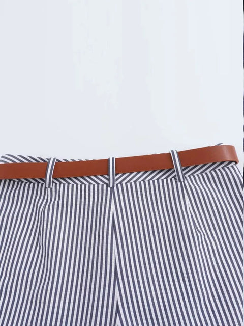 Summer Casual High Waist Belt Zipper Elegant Striped Short Skirt CODE: KAR3171