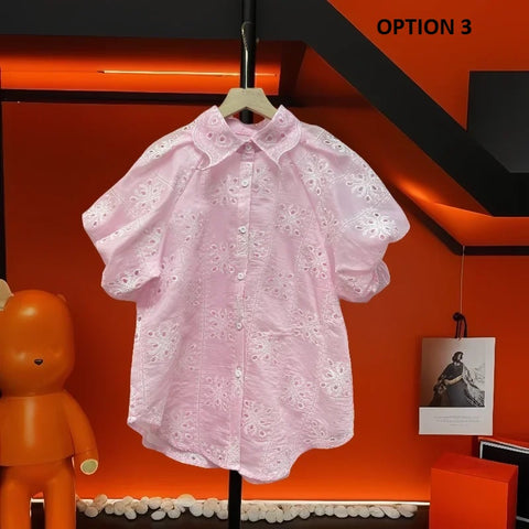 New Fashion Turm-down Collar Puff Sleeves Hollo-out Sweet Top CODE: KAR3174