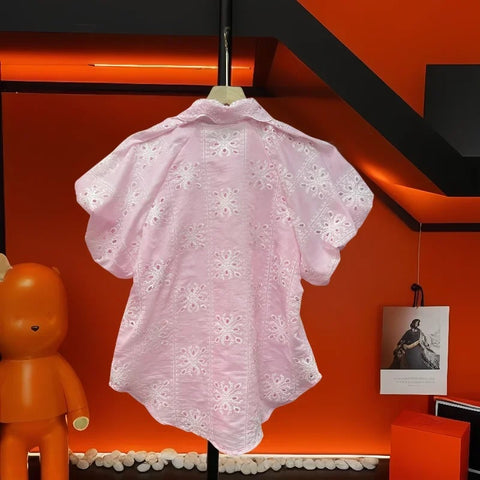 New Fashion Turm-down Collar Puff Sleeves Hollo-out Sweet Top CODE: KAR3174