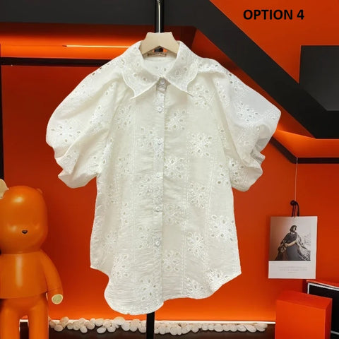 New Fashion Turm-down Collar Puff Sleeves Hollo-out Sweet Top CODE: KAR3174