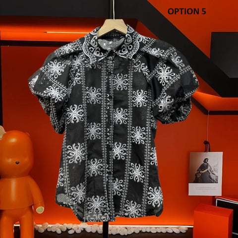 New Fashion Turm-down Collar Puff Sleeves Hollo-out Sweet Top CODE: KAR3174