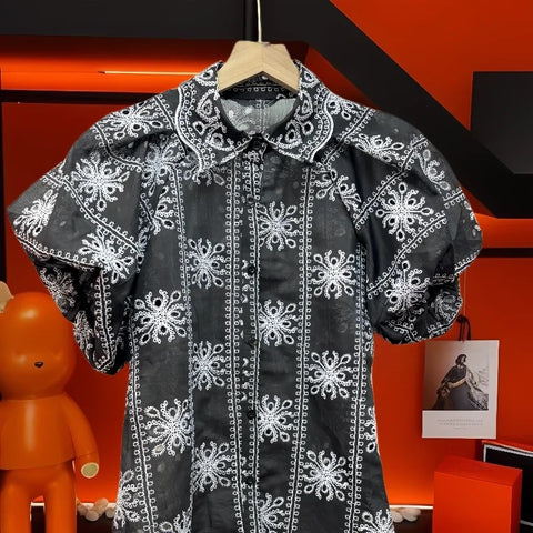 New Fashion Turm-down Collar Puff Sleeves Hollo-out Sweet Top CODE: KAR3174
