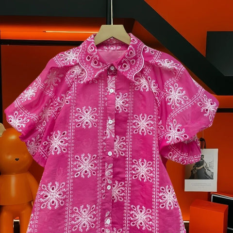 New Fashion Turm-down Collar Puff Sleeves Hollo-out Sweet Top CODE: KAR3174