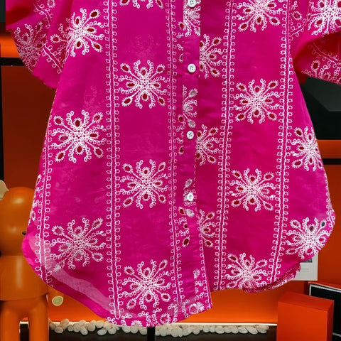 New Fashion Turm-down Collar Puff Sleeves Hollo-out Sweet Top CODE: KAR3174