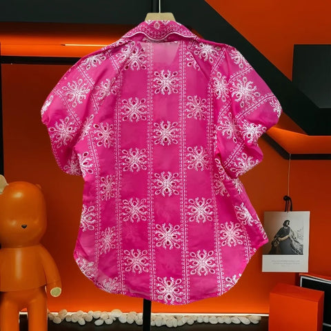 New Fashion Turm-down Collar Puff Sleeves Hollo-out Sweet Top CODE: KAR3174