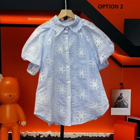 New Fashion Turm-down Collar Puff Sleeves Hollo-out Sweet Top CODE: KAR3174