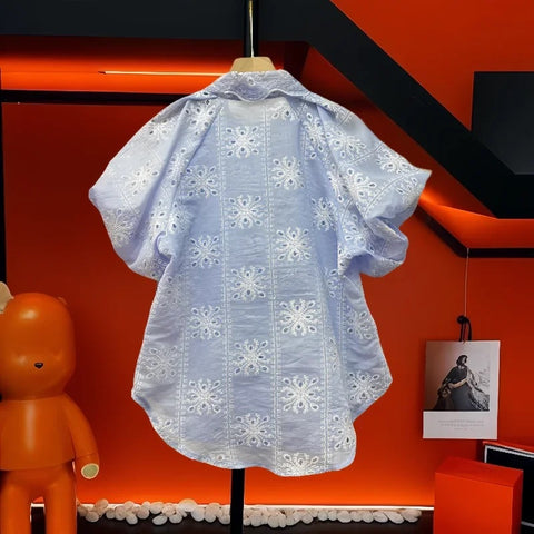 New Fashion Turm-down Collar Puff Sleeves Hollo-out Sweet Top CODE: KAR3174