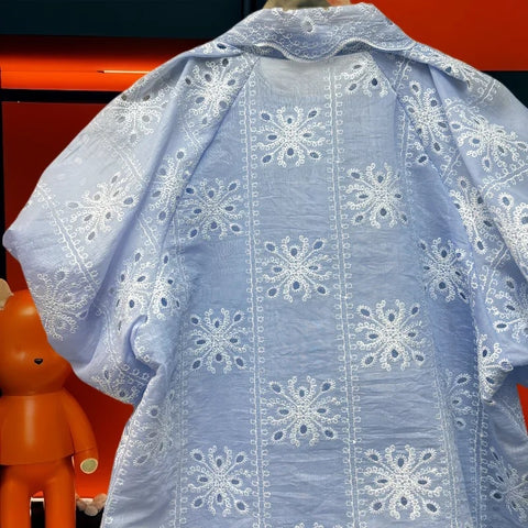 New Fashion Turm-down Collar Puff Sleeves Hollo-out Sweet Top CODE: KAR3174
