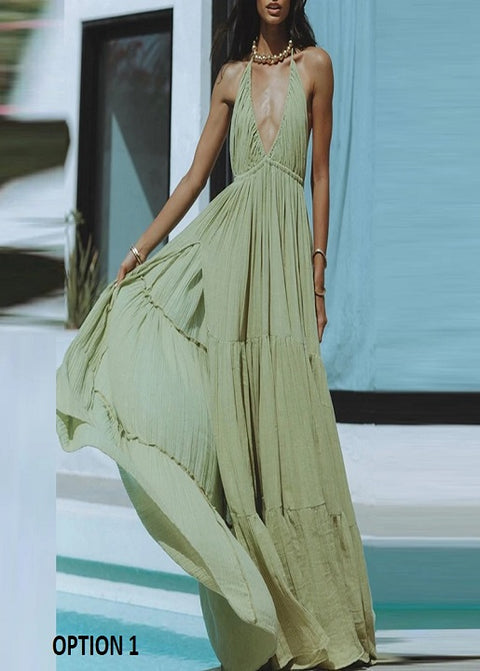Summer Pleated V Neck High Waist Backless Sexy Halter Lace-up Beach Split Dress CODE: KAR3176