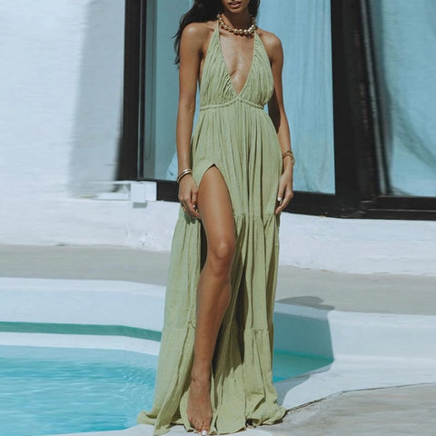 Summer Pleated V Neck High Waist Backless Sexy Halter Lace-up Beach Split Dress CODE: KAR3176