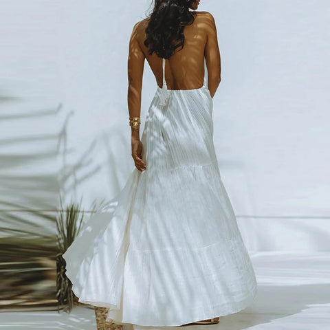 Summer Pleated V Neck High Waist Backless Sexy Halter Lace-up Beach Split Dress CODE: KAR3176