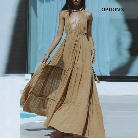 Summer Pleated V Neck High Waist Backless Sexy Halter Lace-up Beach Split Dress CODE: KAR3176
