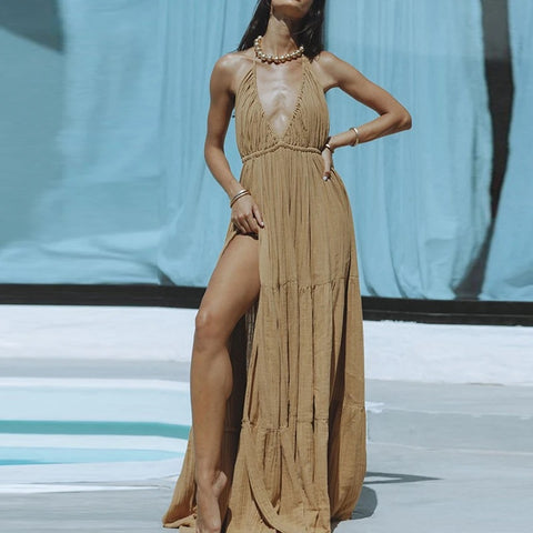 Summer Pleated V Neck High Waist Backless Sexy Halter Lace-up Beach Split Dress CODE: KAR3176