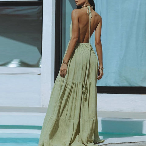 Summer Pleated V Neck High Waist Backless Sexy Halter Lace-up Beach Split Dress CODE: KAR3176