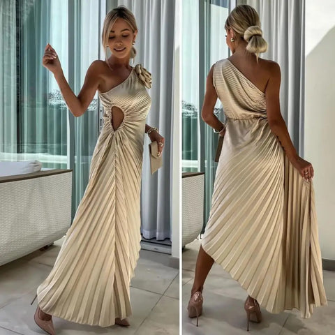 One Shoulder Flower Decor Hollow Out Backless Sleeveless Irregular Hem Cocktail Midi Dress CODE: KAR3177