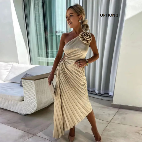 One Shoulder Flower Decor Hollow Out Backless Sleeveless Irregular Hem Cocktail Midi Dress CODE: KAR3177