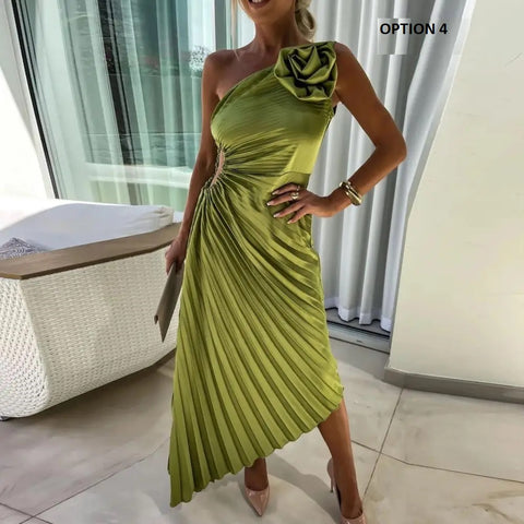 One Shoulder Flower Decor Hollow Out Backless Sleeveless Irregular Hem Cocktail Midi Dress CODE: KAR3177