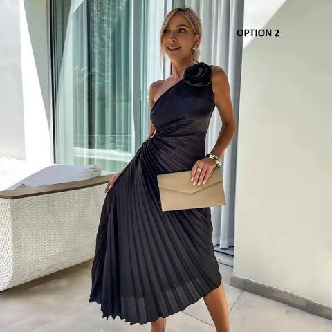 One Shoulder Flower Decor Hollow Out Backless Sleeveless Irregular Hem Cocktail Midi Dress CODE: KAR3177