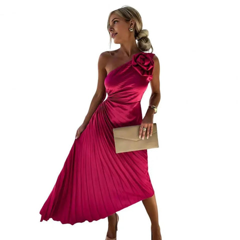 One Shoulder Flower Decor Hollow Out Backless Sleeveless Irregular Hem Cocktail Midi Dress CODE: KAR3177