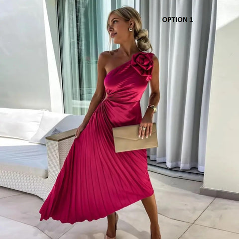 One Shoulder Flower Decor Hollow Out Backless Sleeveless Irregular Hem Cocktail Midi Dress CODE: KAR3177