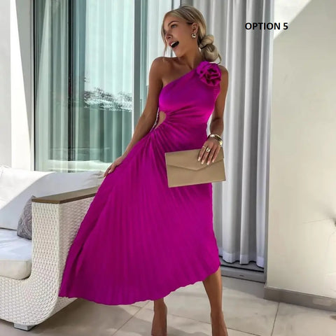 One Shoulder Flower Decor Hollow Out Backless Sleeveless Irregular Hem Cocktail Midi Dress CODE: KAR3177
