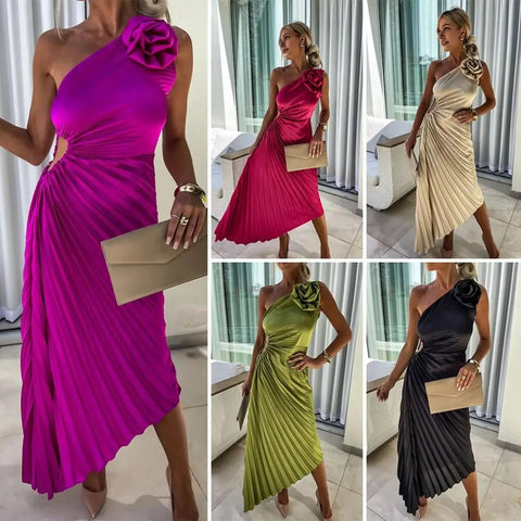 One Shoulder Flower Decor Hollow Out Backless Sleeveless Irregular Hem Cocktail Midi Dress CODE: KAR3177