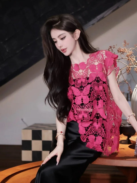 New Hollowed Out Butterfly Hook Flower Sexy O Neck Elegant Top CODE: KAR3182