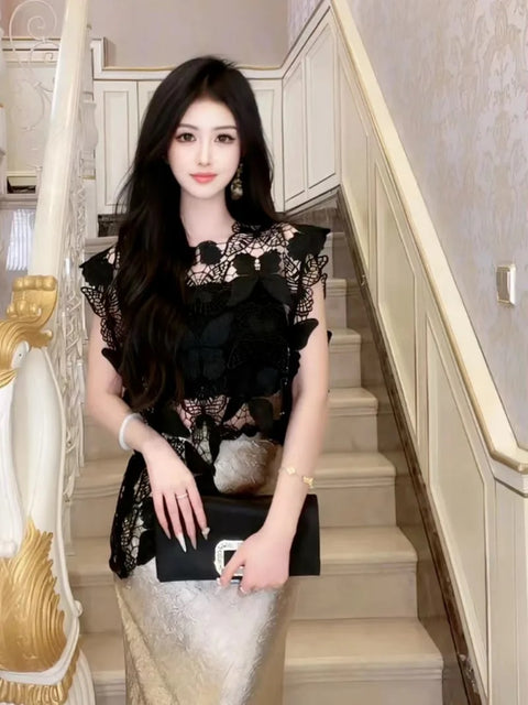 New Hollowed Out Butterfly Hook Flower Sexy O Neck Elegant Top CODE: KAR3182