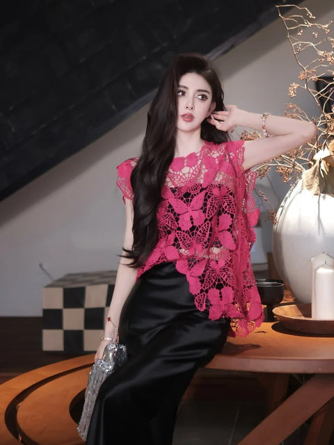 New Hollowed Out Butterfly Hook Flower Sexy O Neck Elegant Top CODE: KAR3182