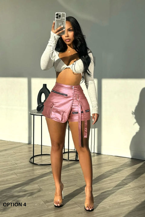 Summer New High Waisted Zipper Pocket Cargo Laser Elasticity Bottom CODE: KAR3187