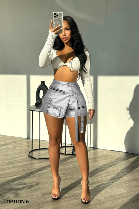 Summer New High Waisted Zipper Pocket Cargo Laser Elasticity Bottom CODE: KAR3187