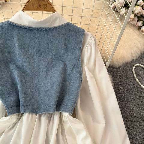 New Designed Turn-down Collar T-shirt + Denim Vest Lace-up Elastic Waist Two Piece CODE: KAR3189