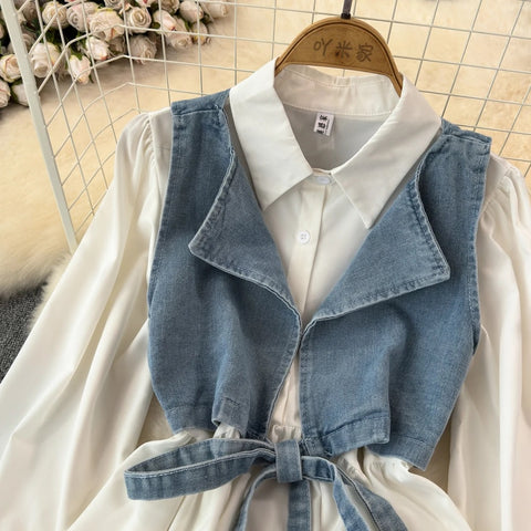 New Designed Turn-down Collar T-shirt + Denim Vest Lace-up Elastic Waist Two Piece CODE: KAR3189