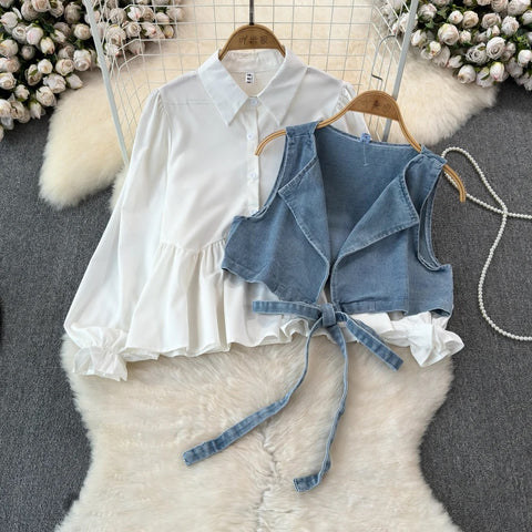 New Designed Turn-down Collar T-shirt + Denim Vest Lace-up Elastic Waist Two Piece CODE: KAR3189