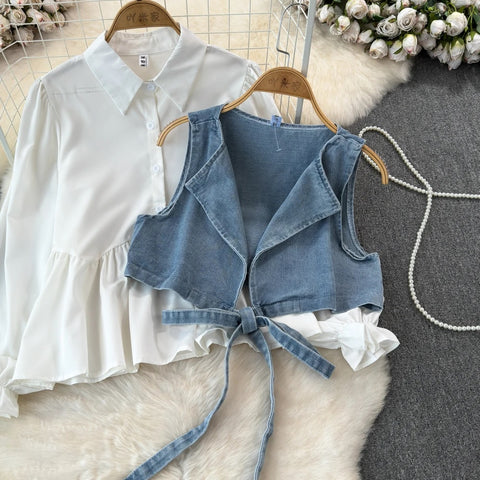 New Designed Turn-down Collar T-shirt + Denim Vest Lace-up Elastic Waist Two Piece CODE: KAR3189