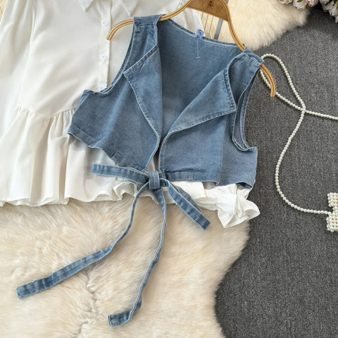 New Designed Turn-down Collar T-shirt + Denim Vest Lace-up Elastic Waist Two Piece CODE: KAR3189