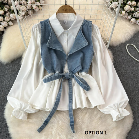 New Designed Turn-down Collar T-shirt + Denim Vest Lace-up Elastic Waist Two Piece CODE: KAR3189