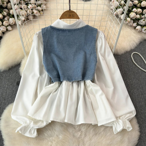New Designed Turn-down Collar T-shirt + Denim Vest Lace-up Elastic Waist Two Piece CODE: KAR3189